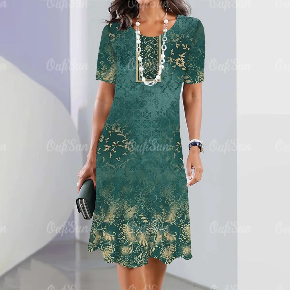 

Woman Clothing Dresses Round Neck Short Sleeves A-Line Skirts Dress Retro Women s Clothing Summer Pullover 5XL