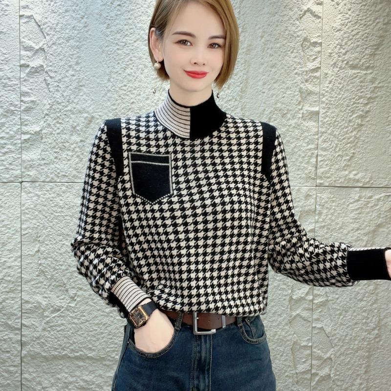 Podzim Zima Dámský Svetr Nový Pletený Vzor Kohoutí Stopy Dlouhý Rukáv Rolák Všestranný Základní Top