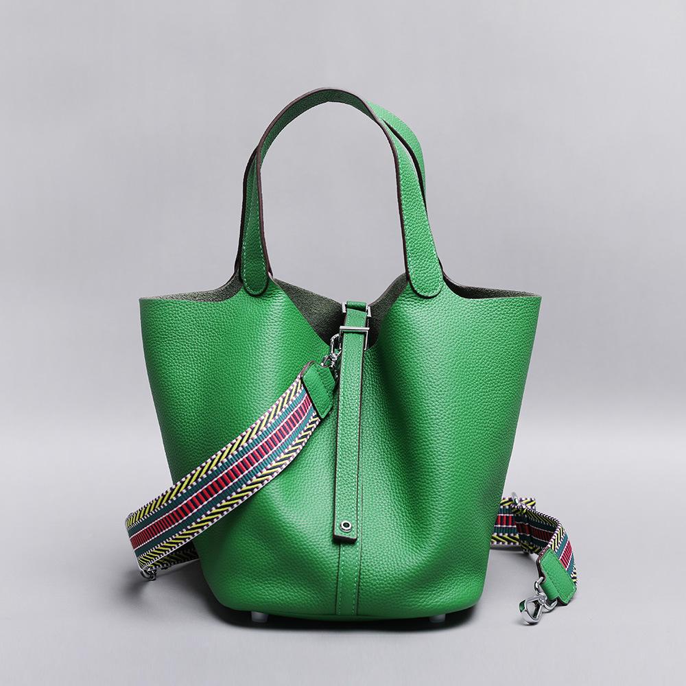 Leichter Luxus Echte Rindsleder Korb-Stil Eimer Tasche Neu für Damen Silberfarbener Schlossverschluss Oberer Griff Handtasche, KEIN LOGO
