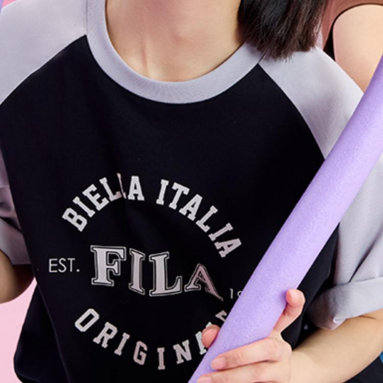 FILA Color Block Letter Print Casual Raglan Knit Short Sleeve T-Shirt Unisex Tops Black F51U429102F-BK