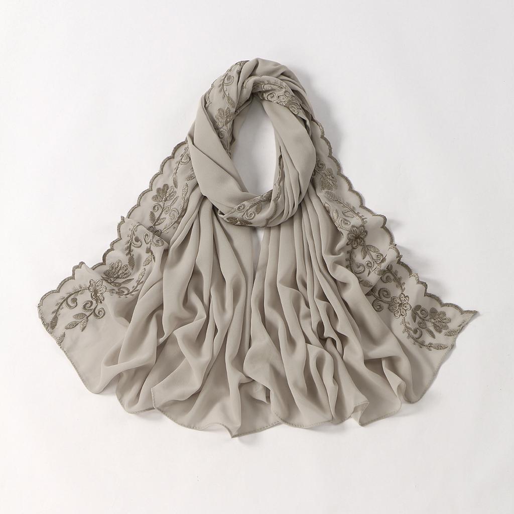 Floral Embroidery Edge Chiffon Silk Scarf Women Muslim Hijab Headscarf Soft Wraps Headband Summer Sunscreen Shawls Beach Shawls