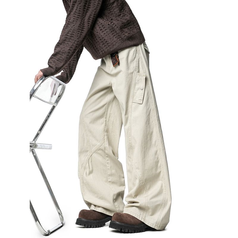 51 Hip-Hop American Retro Coffee-Colored Scimitar Jeans for Men, Spring and Autumn Washed Cotton Loose Straight Wide-Leg Work Pants