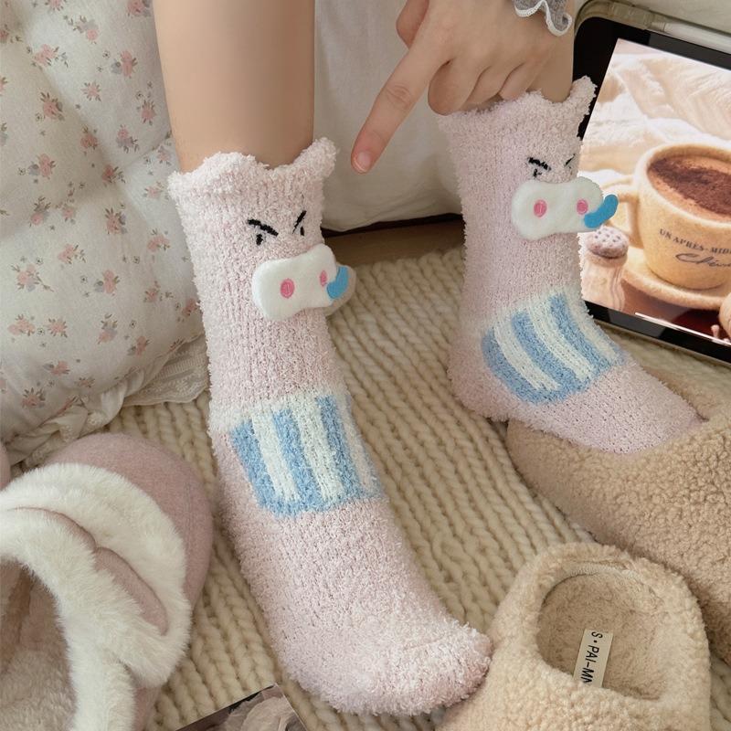 Winter Warm Thick Socks Female Cartoon Piggy Coral Fleece Medium Tube Socks Can Be Home Sleeping Socks