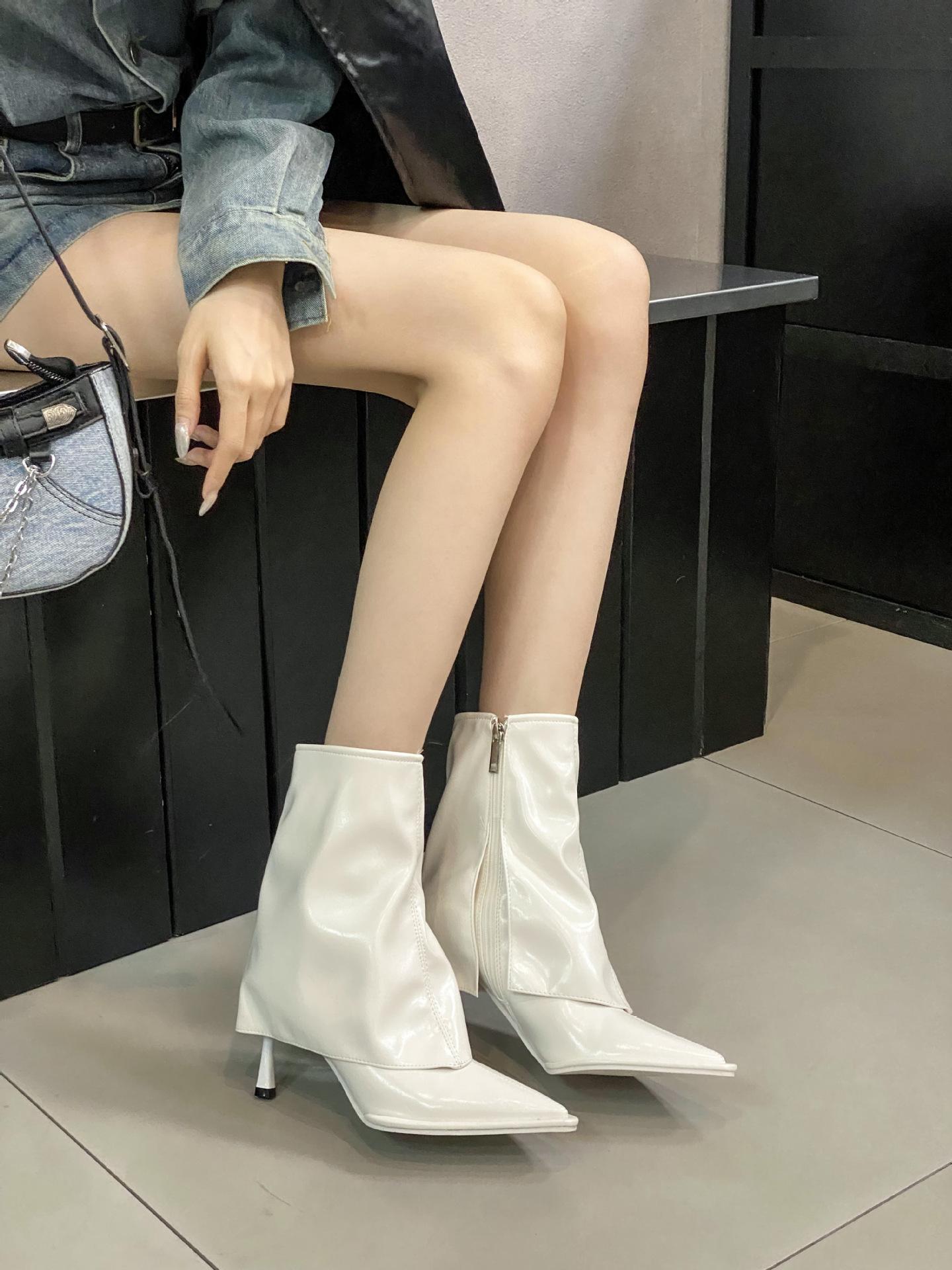 

Европейские и американские остроносые персонализированные брюки ботинки женские 2025 осень и зима новые тонкий каблук боковая молния короткая голень модные высокий каблук фас 40 белый
