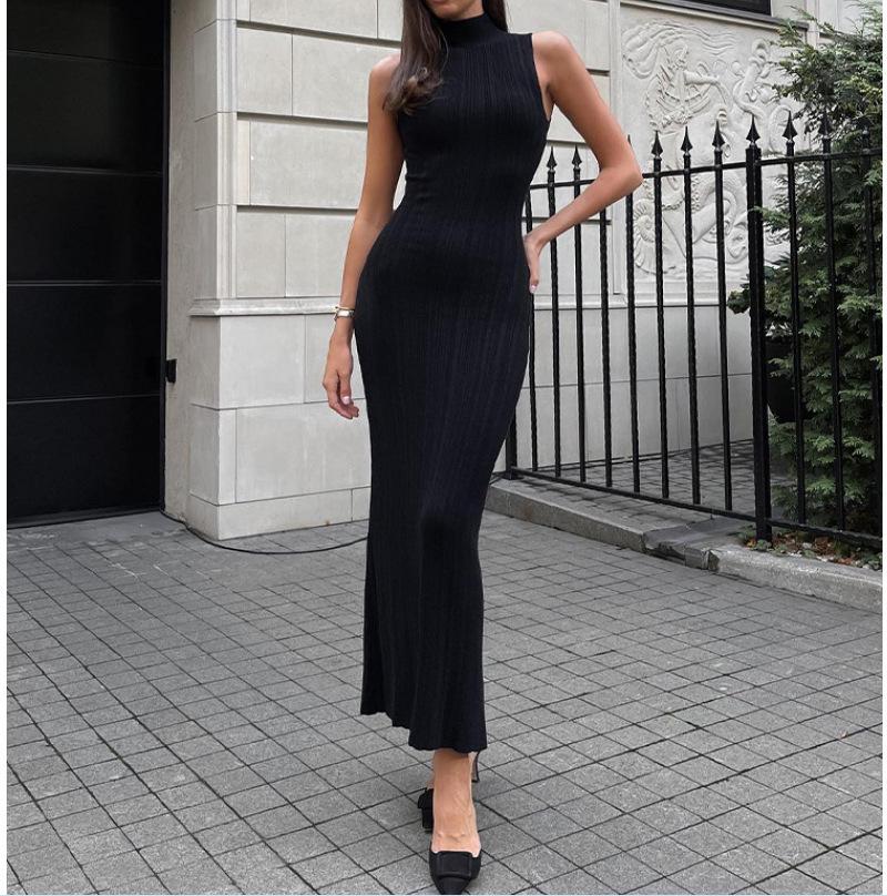 Women's European American Style Sleeveless High Neck Bodycon Dress - Waist-Cinching & Hip-Hugging for Spring/Summer