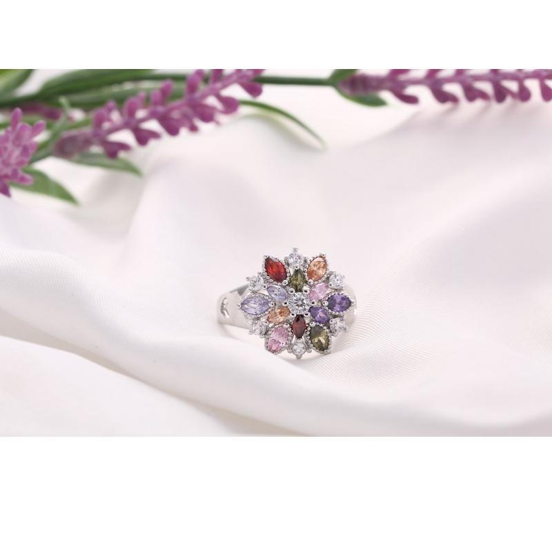 Ring Fashion 925 Silver Color Jewelry Colourful Cubic Zirconia Flower Design Cute Style Women Girls Party Engagement