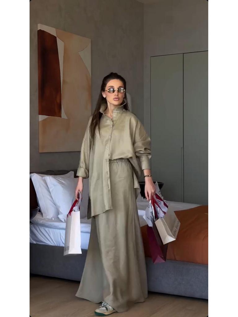 Women's Spring/Summer 2025 Fashion: Turn-Down Collar Loose Shirt & High Waist Midi Skirt Set