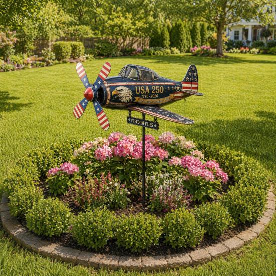 Yousheng USA 250th Vintage Plane Wind Spinner, 1776 2026 Patriotic Helicopter Windmill Stake with Spinning Propeller, 2D Outdoor Metal Airplane