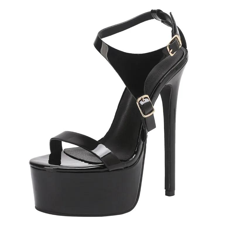 Pesstwei Fashion Round Toe Open Toe Buckle 16cm Gladiator Sandals Super High Heel Hollow-out Night Club Steel Pipe Dance Shoes