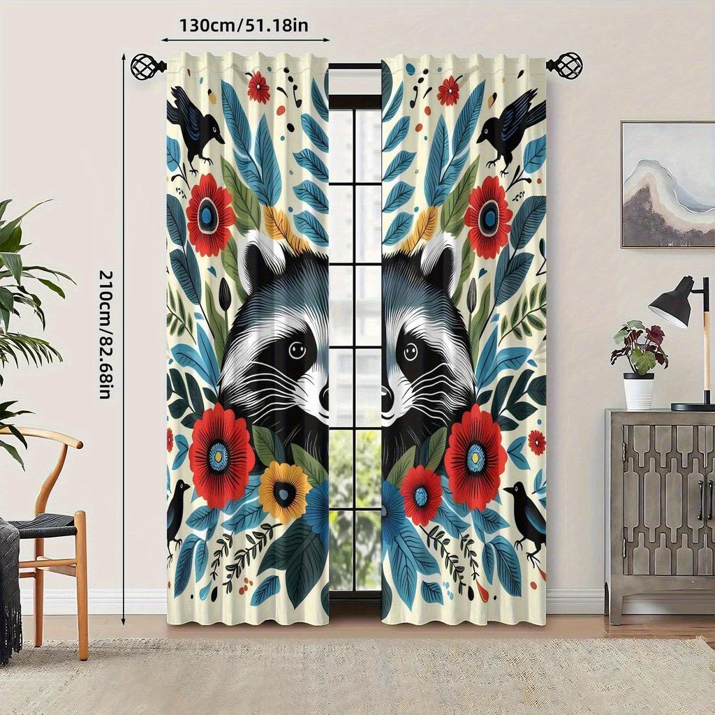 curtainBIIHUDU Raccoon& Floral Print Curtains- Vibrant Blue   Black& White Design with Colorful Flowers   Rod Pocket for Easy Hang