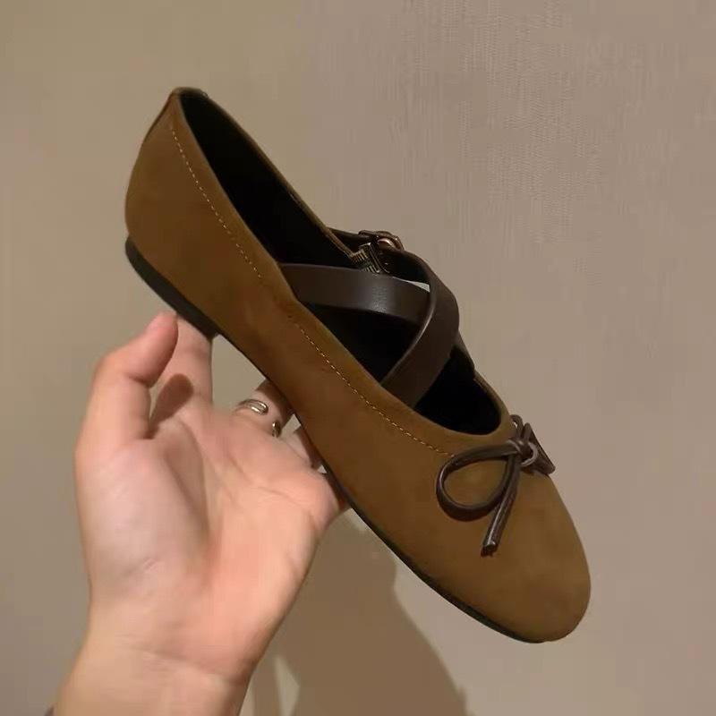 Cross Buckle Shallow Mouth Flat Bottom Mary Jane New Vintage Suede Round Head Bow Single Shoes Women