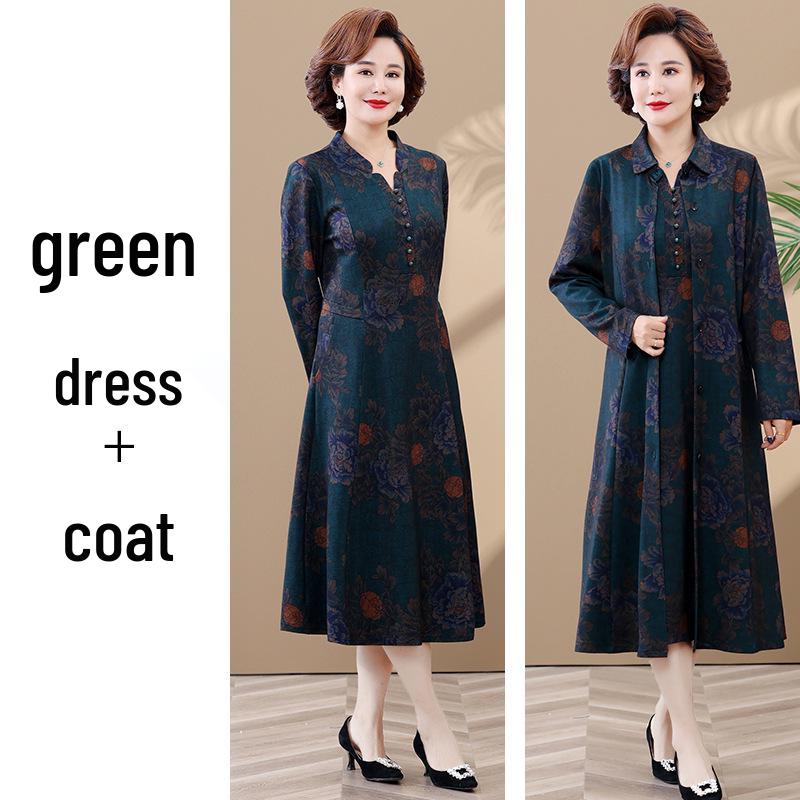 Elegant Autumn Trench Coat Dress Set for Mature Women: Long-Sleeved, Over-the-Knee Two-Piece with Stylish Design