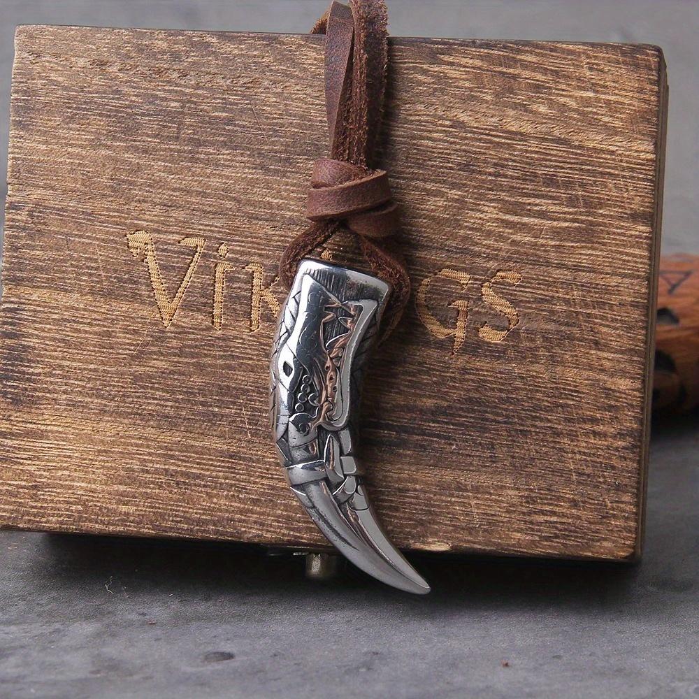 Wolf Fang Spikes with Wolf Carving Pattern Pendant Necklace As A Men s Gift