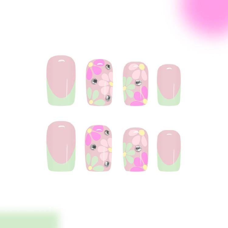 Balení 24 ks francouzských růžových falešných nehtů s květinovým třpytivým designem, Comfort Fit, snadno použitelné, Press stick Nail 1Set