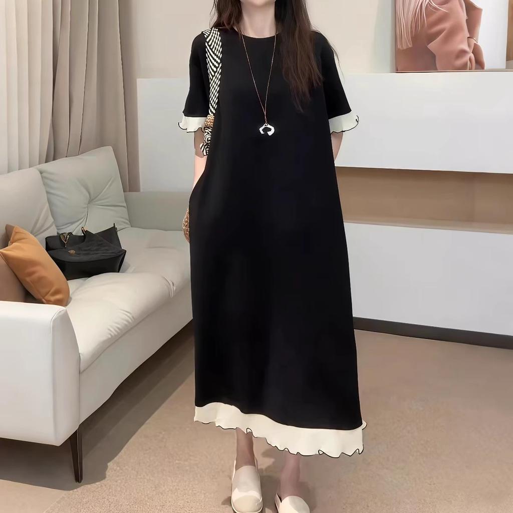 Black lace short-sleeved dress women's summer new large size fat mm loose and thin splicing skirt