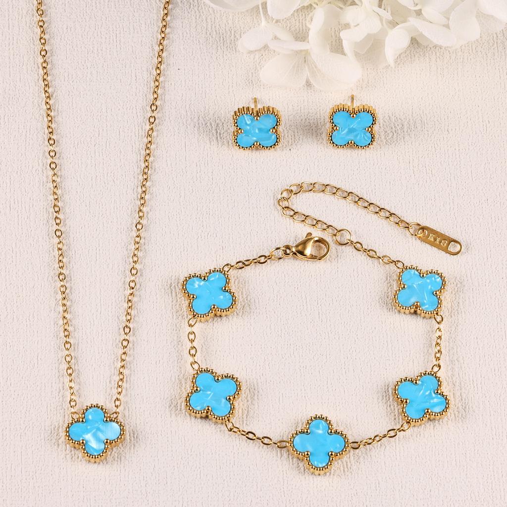 3PCS Clover 18K Gold Plated Necklace Bracelet Earnail Set Women's Light Luxury Colorful Fashion Accessories