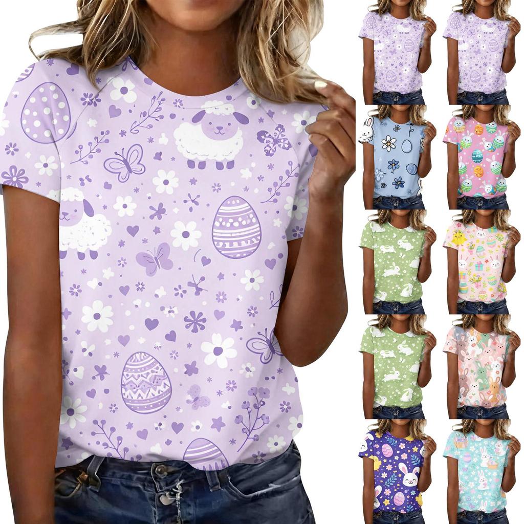 T-shirt Top Casual alla Moda da Donna a Maniche Corte Raglan con Stampa di Pasqua