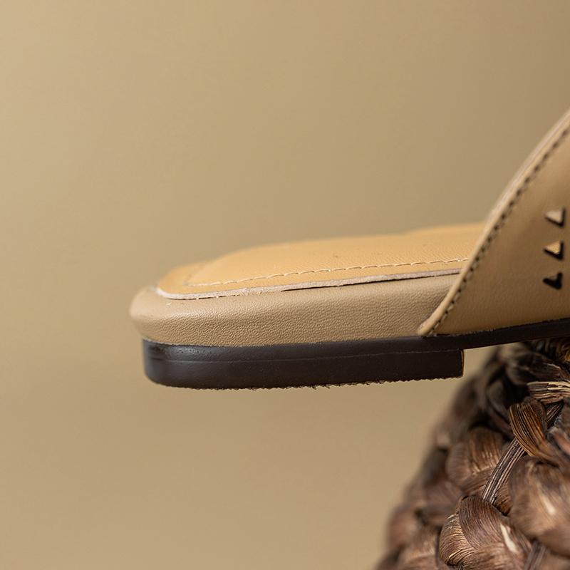 Fashion New women's cowhide round toe breathable belt buckle, low heel, large toe, Mueller slippers, perforated shoes 44 45 46 47 48