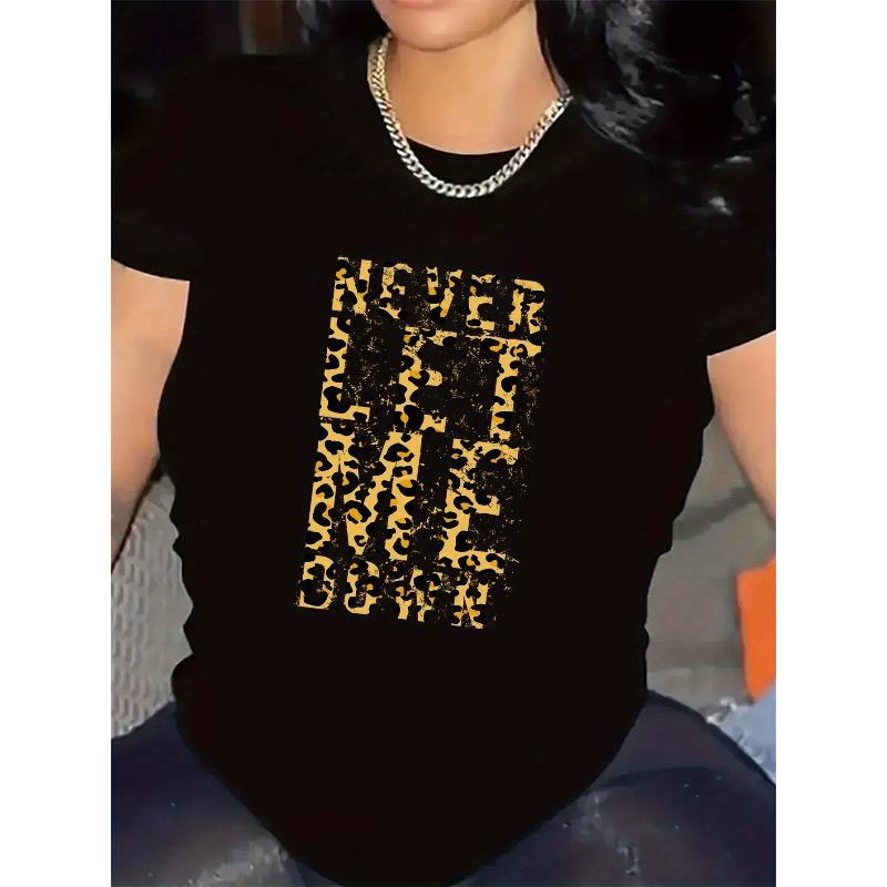 European Size Women's Black Short-sleeved T-shirt with Bold Leopard Print "NEVER GIVE UP" Design - Casual Crew Neck, Perfect for Spring and Summer,