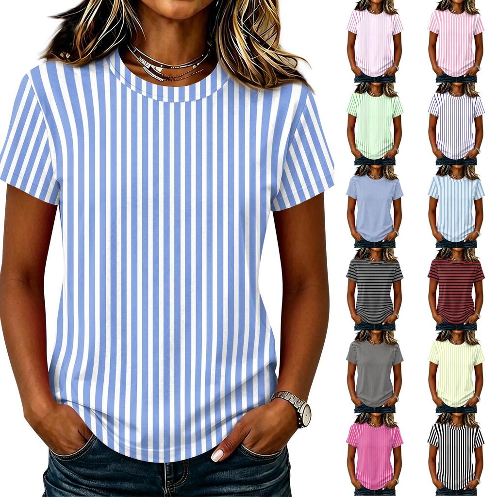 Women's Casual Crew Neck Short Sleeve Pullover T-Shirt Vertical Stripe Print Top Lightweight Soft Fabric Summer Wear