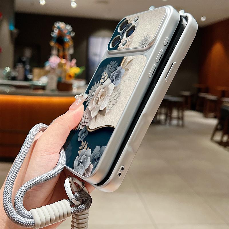 Romantic Rose Flower Pattern Leather Lanyard Case For iPhone 18 Pro Max Hybrid TPU+PU Anti-skid Soft Cover For iPhone 17 16 15 14 13 Pro Max
