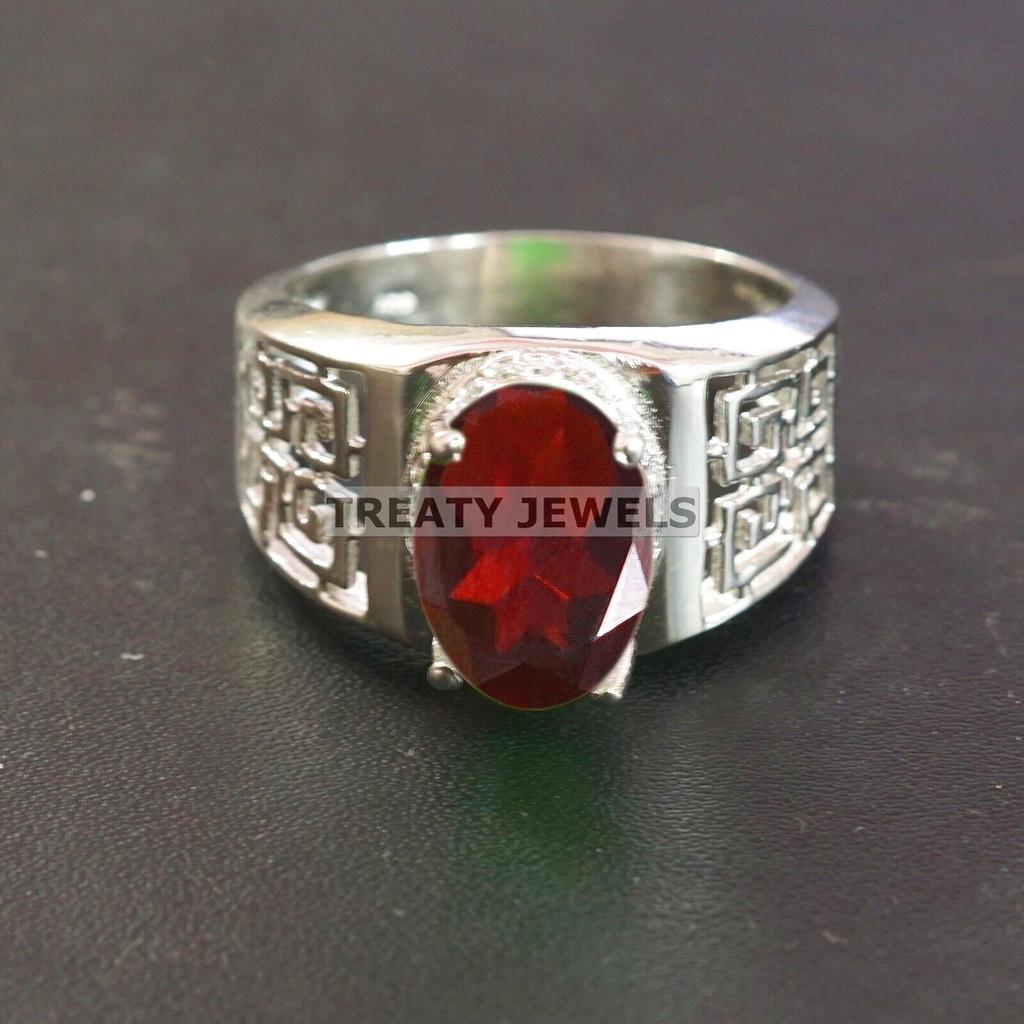 Granat Oval geschliffener Edelstein mit 925er Sterling Silber Ring für Herren #B89 JL375671417196