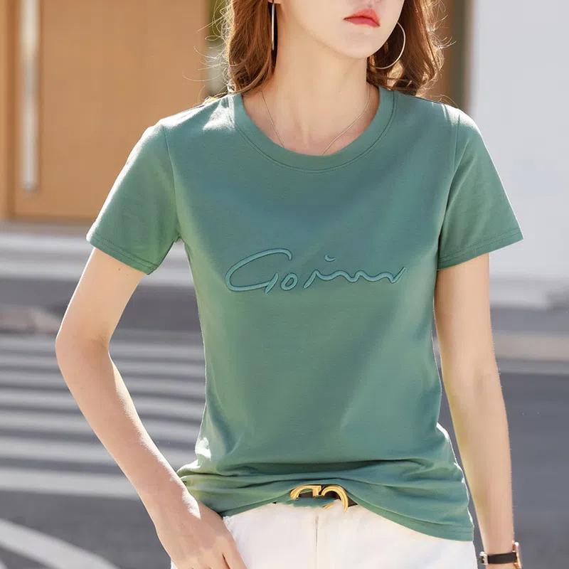

Футболка с круглым вырезом и коротким рукавом, женская, новая, свободный комплект с вышитыми буквами, повседневный топ больших размеров XXXL зелёный