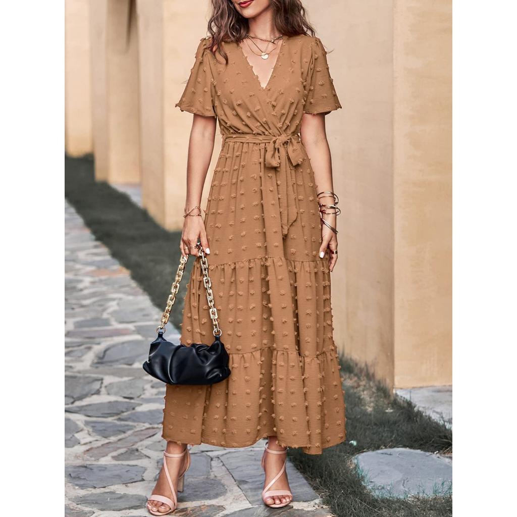 New Boho Swiss Dot Maxi Dress for Women, V Neck Flowy Short Sleeve Tie Waist A Line Long Dress