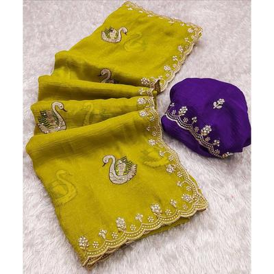 Crunchy Ciffon  Saree Flower Embroidered and Both Hand Moti Work & Diamond Work with Contrast Embroidery Blouse Piece.
