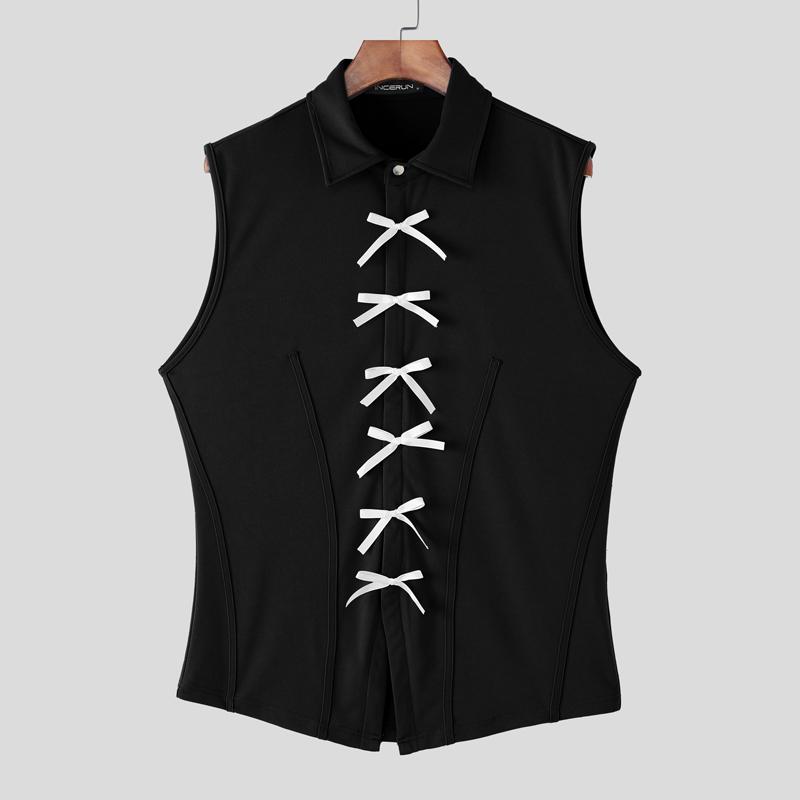 

INCERUN Men Lapel Neck Sleeveless Button Up Bow Casual Loose Tank Tops S