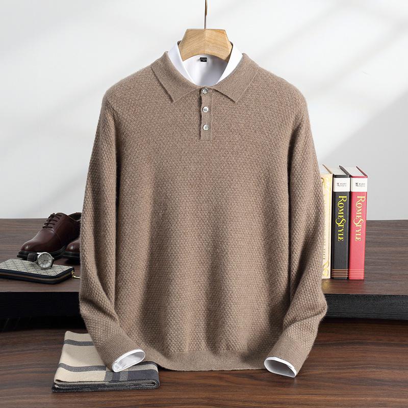 2025 Autumn/Winter Men's Solid Color Cashmere Polo Neck Knitwear, Soft & Fluffy Long Sleeve