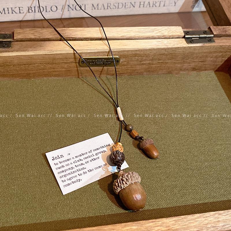 New Chinese style long acorn pendant necklace female retro ethnic style zen wooden sweater chain hanging neck