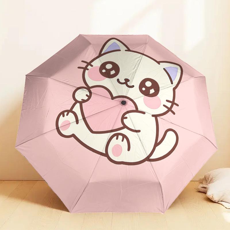 Adorable Kitten Heart Love Print Umbrella - Automatic Opening & Closing, Outdoor Travel Accessory, Lightweight and Durable 160