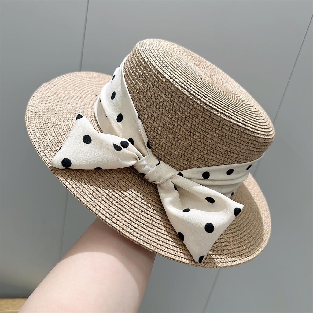 Small fresh polka dot bow flat top straw hat women's summer seaside travel vacation sunscreen sunshade beach hat