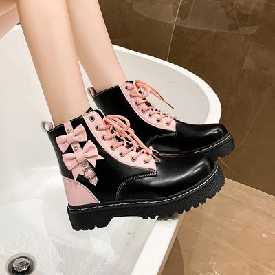 Kawaii Girl Pink Boots New Butterfly Knot Women's Boots High-top Lace-up Motorcycle Boots Fashion Student Platform Shoes