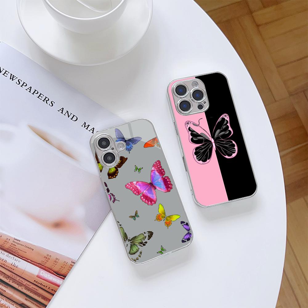 N143 Butterfly Art Phone Case for iPhone 16 15 Pro Max Samsung S24 S23 Ultra A54 A35 A52 Xiaomi Redmi Note 13 12 Pro Plated Frame Tempered Glass Cover