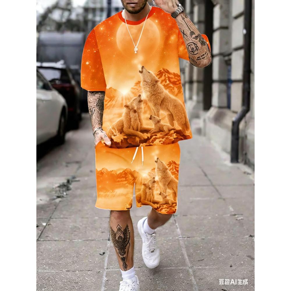 Men's Starry Sky Wolf Pack Print Short-Sleeved T-Shirt and Shorts Set