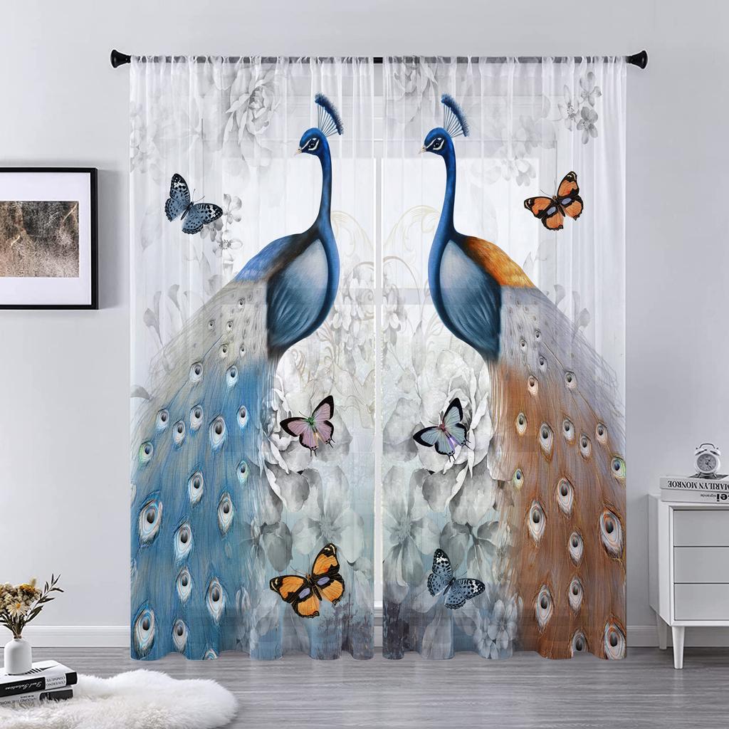Animal Peacock Forest Stone Tulle Sheer Window Curtains for Living Room Bedroom Modern Tulle Voile Curtains Drapes Decoration