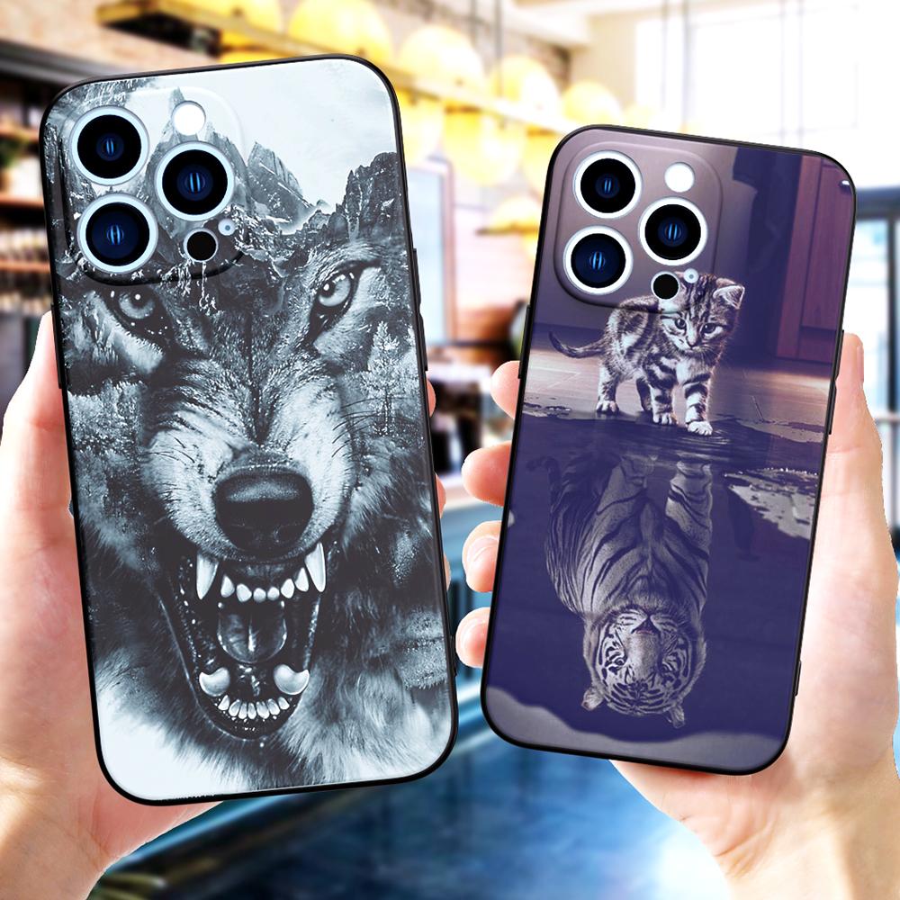 Black Tpu Case for Iphone 5 5s Se 2020 6 6s 7 8 Plus X 10 XR XS 11 12 13 Mini Pro MAX Back Cover Wolf Dog Cat Lion Tiger Animal
