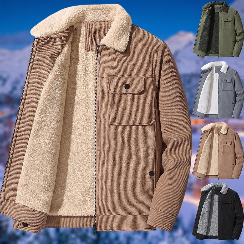 Men's Casual Multi-pocket Corduroy Fleece-lined Jacket With Zipper And Lapel Warm Top