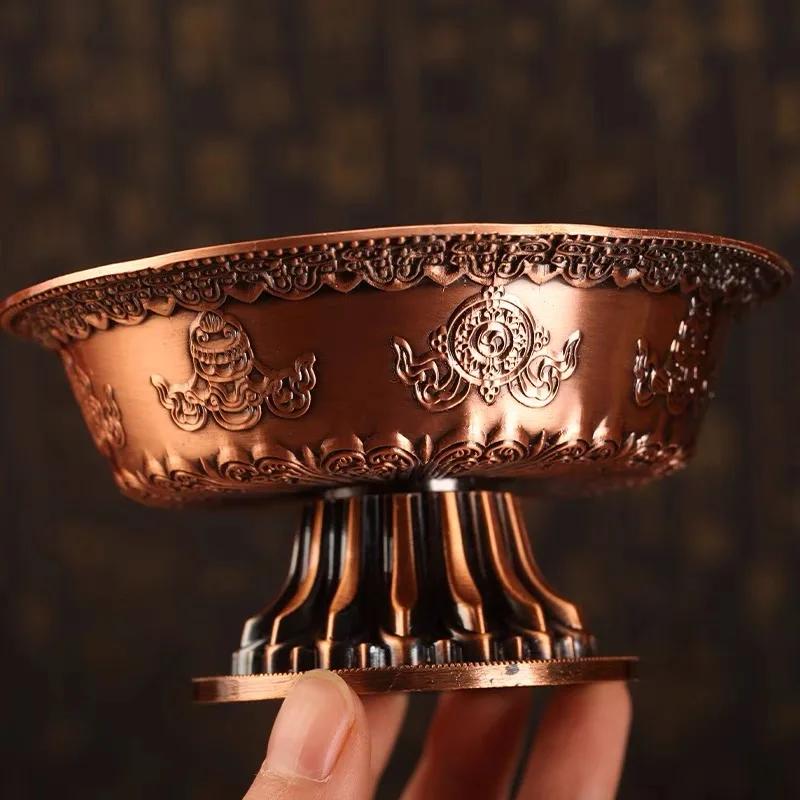 Buddhist Guardian Cup,Antique Red,Alloy Eight-Faced God Wealth Handicraft Tibetan Religious Item Altars Holy Water Plate,1Set