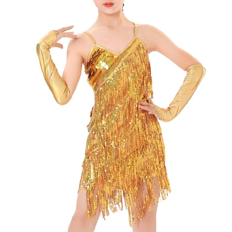 Kids Sequins Fringe Dress Tassels Sleeveless Flapper Dress Latin Dance Dress Salsas Dancewear Dancer Outfits for Girls M золотой