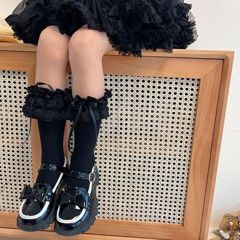 Breathable Cotton Hosiery Socks for Girls Toddler Stretchy Knee High Socks Puff Edge Lace Bows Socks for Autumn Spring