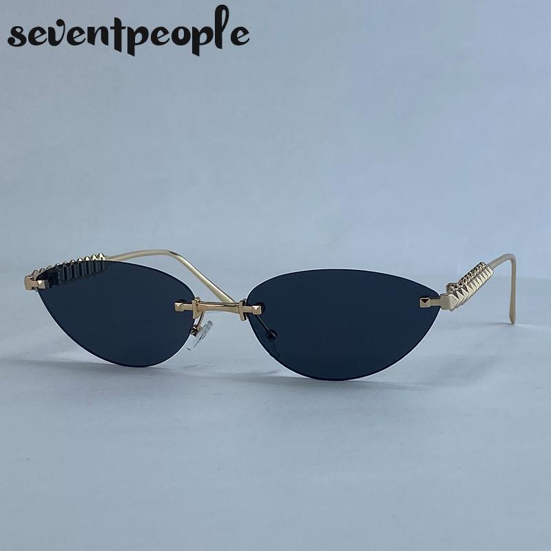 Small Frame Sexy Cat Eye Sunglasses Women  Luxury Brand Trendy Steampunk Rimless Sun Glasses Vintage Metal Punk Shades UV400