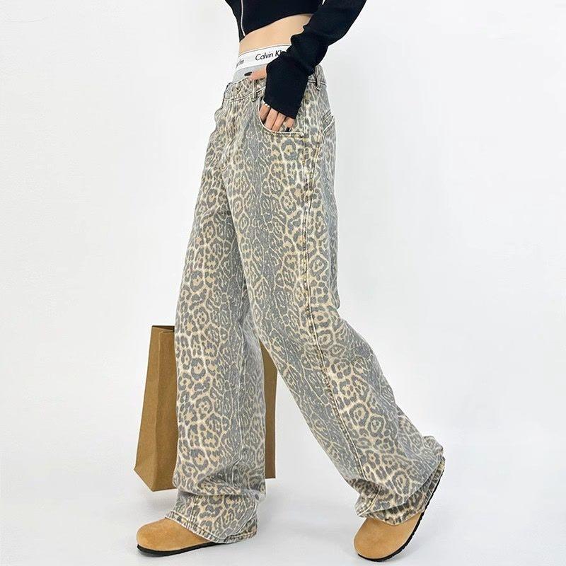 Retro Leopard High Waist Baggy Jeans Women's Casual Pockets Hip-hop Pants Spring Y2K Oversiz Panther Denim Trouser