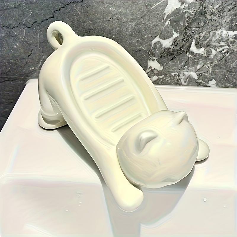 Adorable Cartoon Cat Soap Dish Holder - Glossy White & Pink Plastic Bathroom Storage for Soap & Sponge, Cute Decorative Drainage Design
