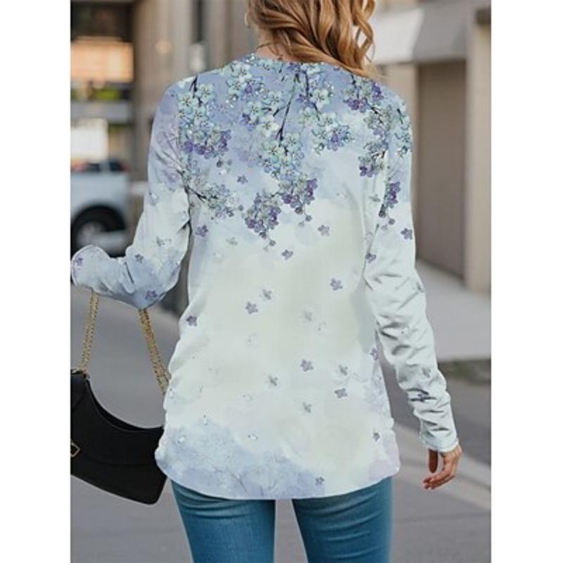 Dame T-skjorte Tee Trykk Daglig Casual Langermet Rund hals Marineblå Vår Høst