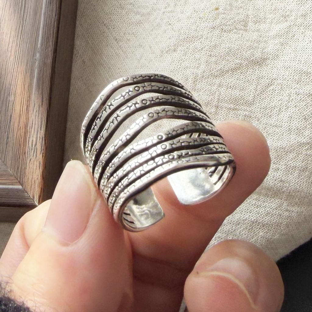 925 Sterling Silver Rings For Women Geometric Fine Jewelry Finger Adjustable Wide Interlines Ring For Party Birthday Gift