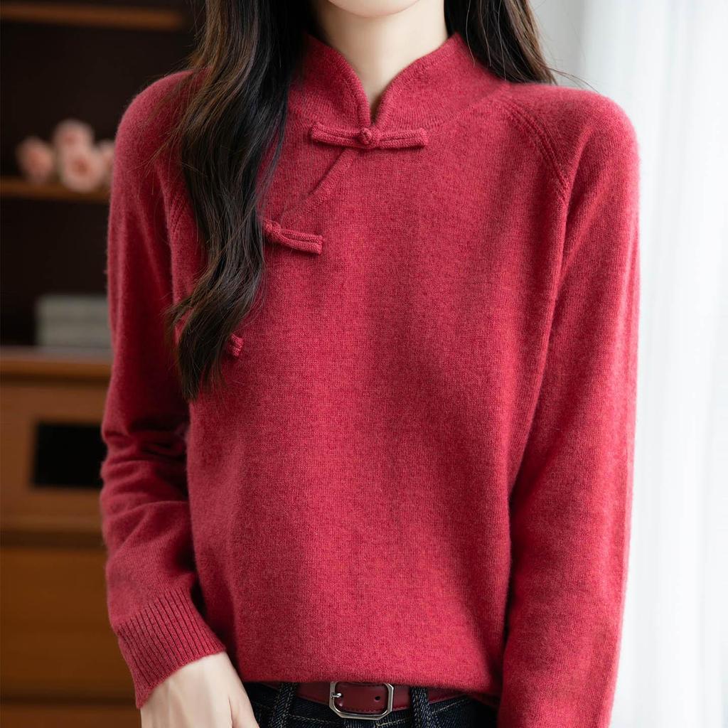 100% Australian Wool Retro Chinese Style Frog Button Sweater - Women's Thick Wool Base Layer for Autumn/Winter 2025.