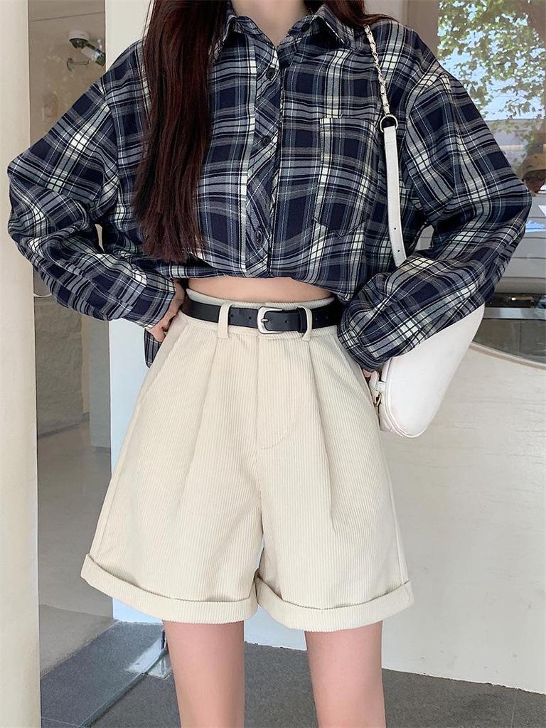 Corduroy Cuffed Straight Leg Shorts for Women - Autumn/Winter Loose Slimming Wide Leg Casual Pants